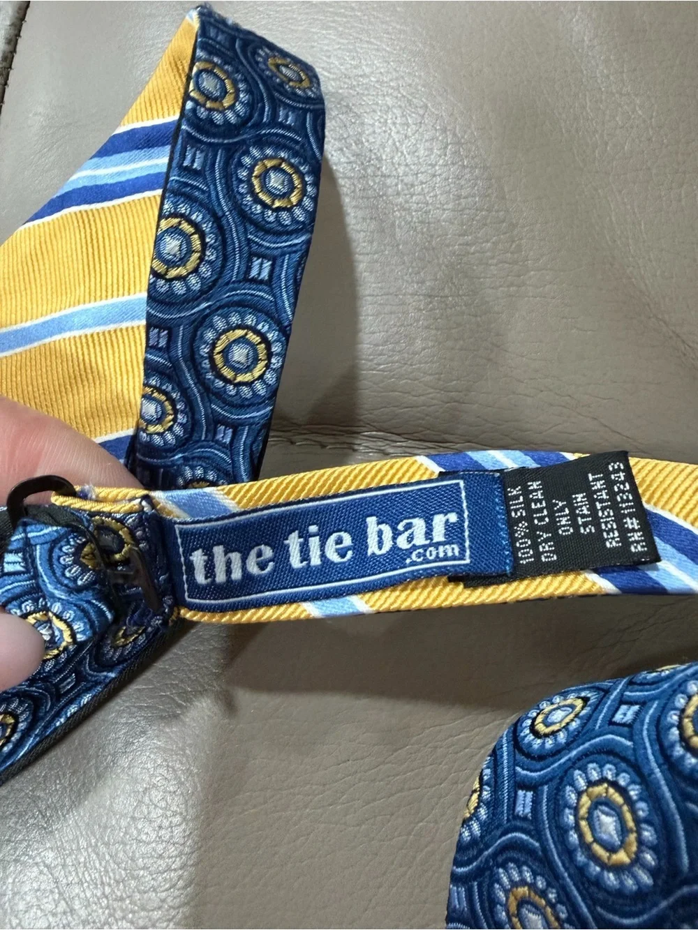 The Tie Bar Blue Medallion Silk Bow Tie Yellow Stripe Accent Preppy Classic